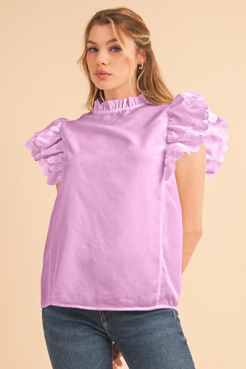 Women Blouses | Bright Pink Solid Scalloped Ruffle Sleeve Blouse