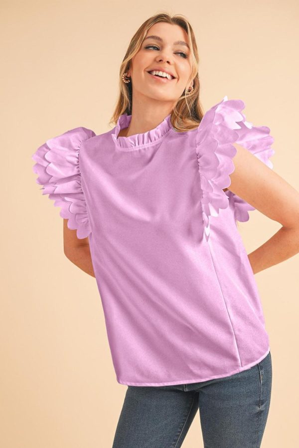 Women Blouses | Bright Pink Solid Scalloped Ruffle Sleeve Blouse - Image 2