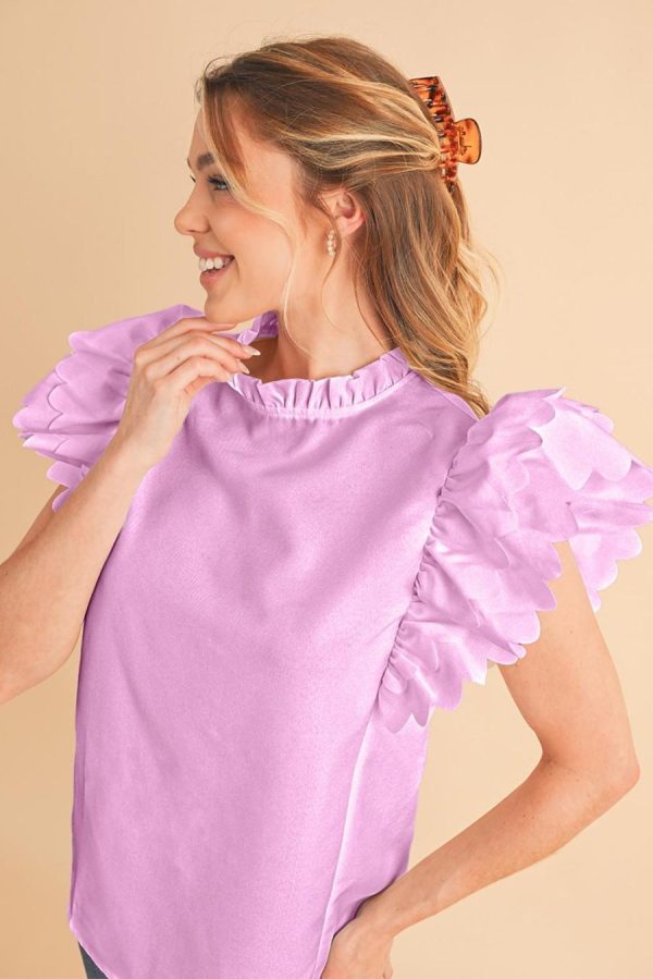 Women Blouses | Bright Pink Solid Scalloped Ruffle Sleeve Blouse - Image 3