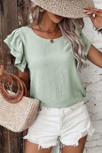 Women Blouses | Clearly Aqua Solid Color Ruffle Sleeve Crinkled Blouse