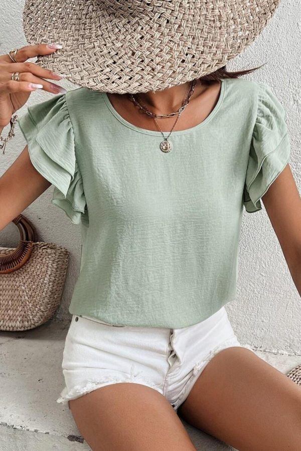 Women Blouses | Clearly Aqua Solid Color Ruffle Sleeve Crinkled Blouse - Image 2