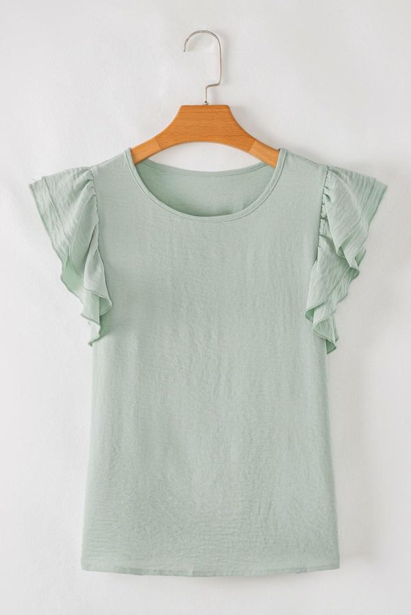 Women Blouses | Clearly Aqua Solid Color Ruffle Sleeve Crinkled Blouse - Image 4