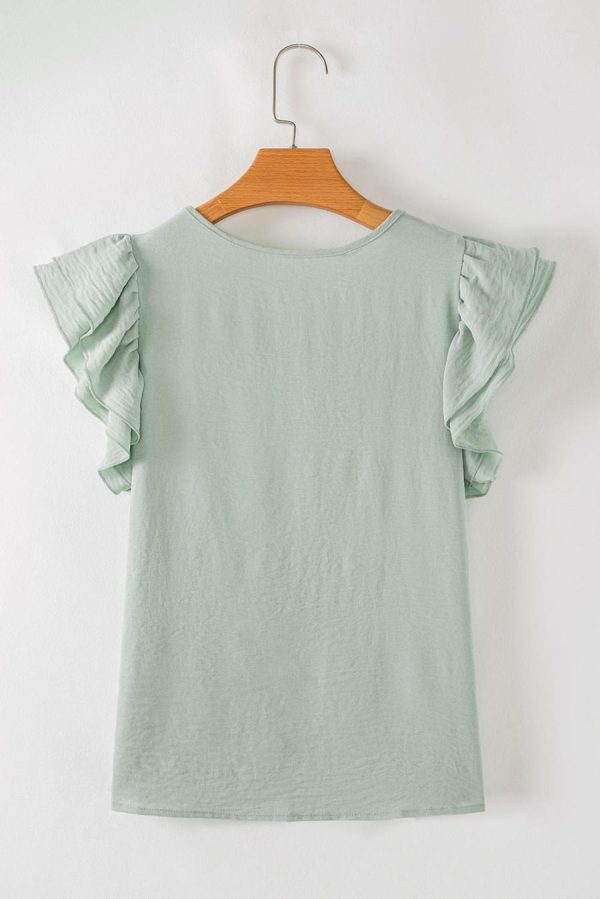 Women Blouses | Clearly Aqua Solid Color Ruffle Sleeve Crinkled Blouse - Image 5
