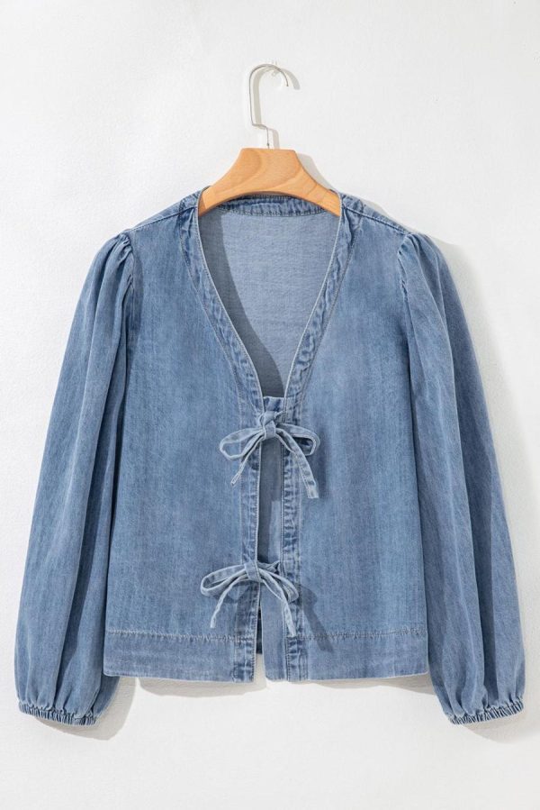 Women Blouses | Dusk Blue Bow Tie Front Puff Sleeve Denim Top - Image 2
