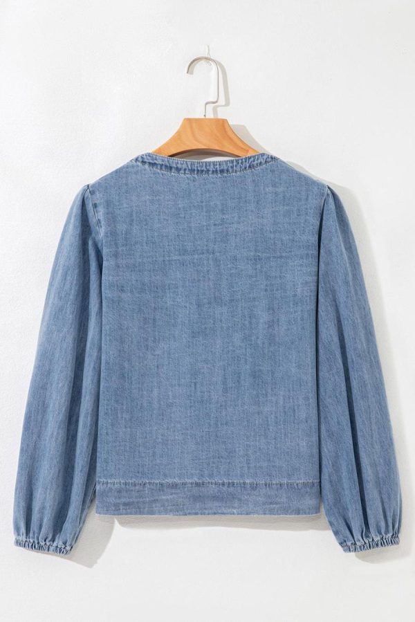 Women Blouses | Dusk Blue Bow Tie Front Puff Sleeve Denim Top - Image 3