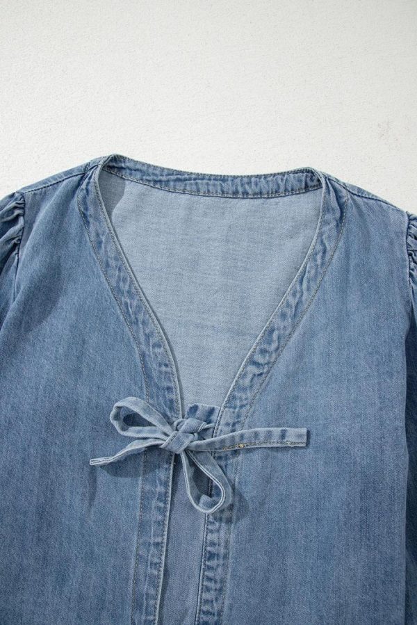 Women Blouses | Dusk Blue Bow Tie Front Puff Sleeve Denim Top - Image 4