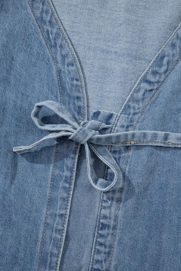 Women Blouses | Dusk Blue Bow Tie Front Puff Sleeve Denim Top - Image 5