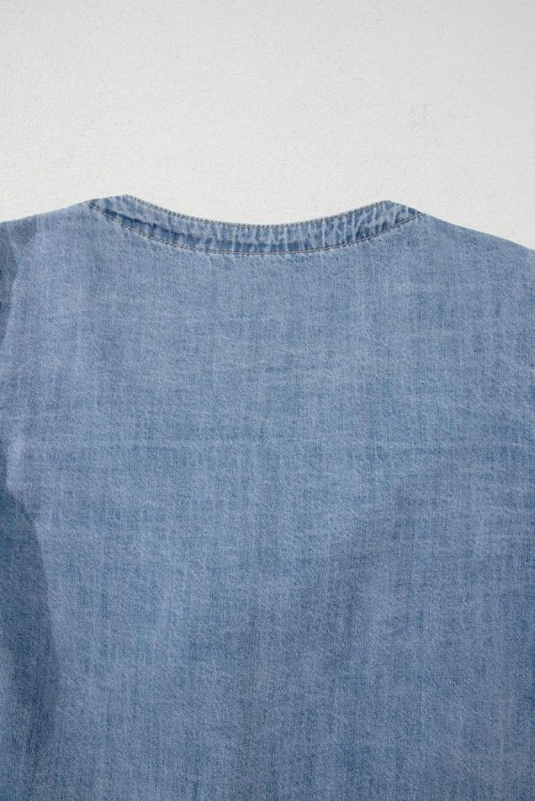 Women Blouses | Dusk Blue Bow Tie Front Puff Sleeve Denim Top - Image 7