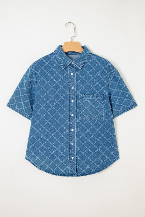 Women Blouses | Dusk Blue Checkered Textured Short Sleeve Pocket Denim Shirt - Image 5