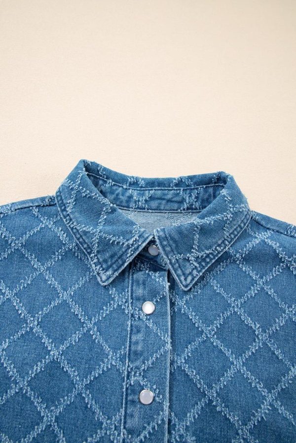 Women Blouses | Dusk Blue Checkered Textured Short Sleeve Pocket Denim Shirt - Image 7