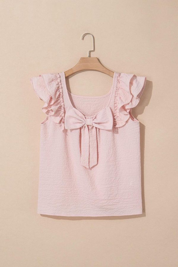 Women Blouses | Gossamer Pink Textured Bow Frilled Ruffle Sleeve Blouse - Image 3