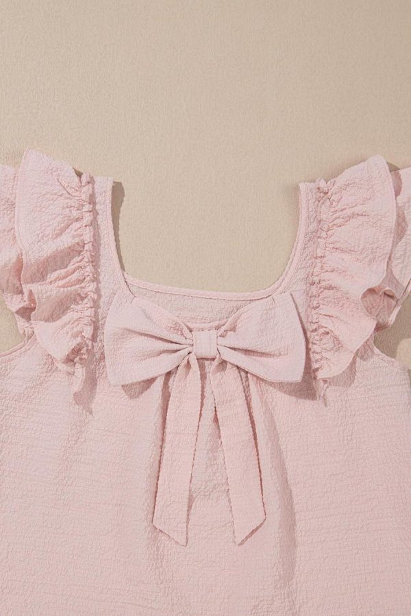 Women Blouses | Gossamer Pink Textured Bow Frilled Ruffle Sleeve Blouse - Image 5