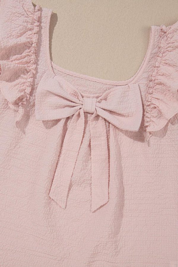 Women Blouses | Gossamer Pink Textured Bow Frilled Ruffle Sleeve Blouse - Image 6