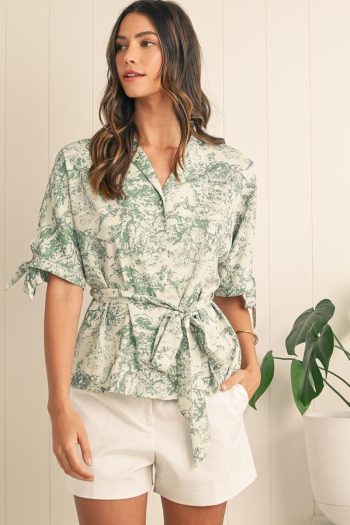 Women Blouses | Green Boho Abstract V-Neck Button Shirt