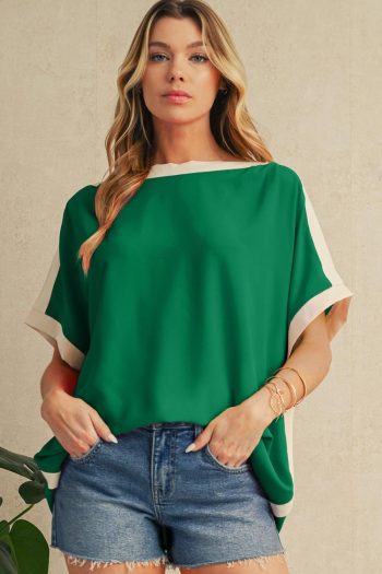 Women Blouses | Green Colorblock Batwing Sleeve Boat Neck Blouse