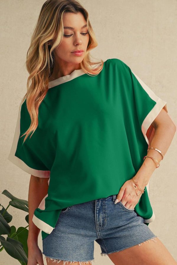 Women Blouses | Green Colorblock Batwing Sleeve Boat Neck Blouse - Image 2