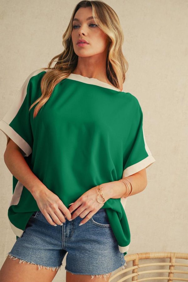 Women Blouses | Green Colorblock Batwing Sleeve Boat Neck Blouse - Image 3
