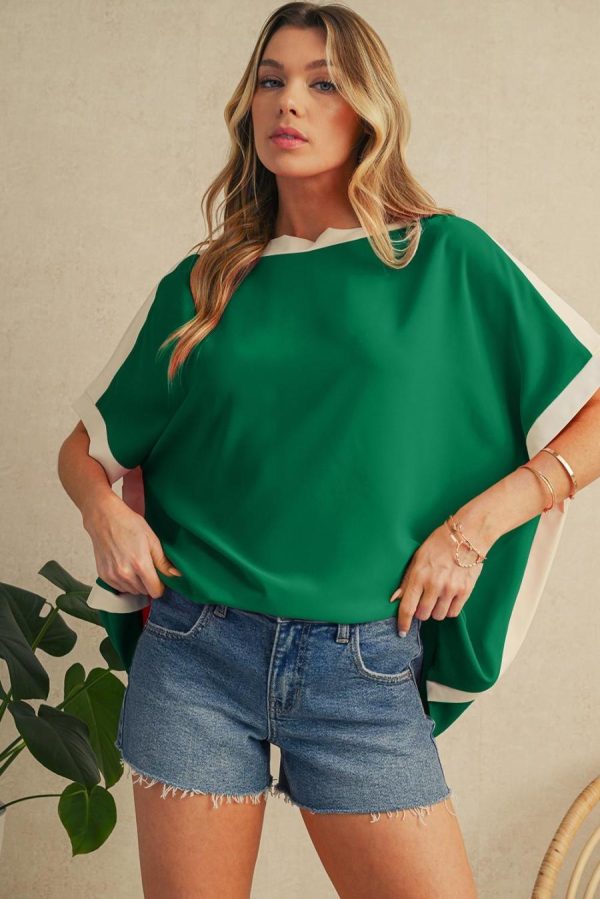 Women Blouses | Green Colorblock Batwing Sleeve Boat Neck Blouse - Image 4