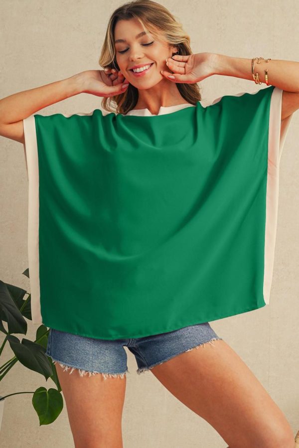 Women Blouses | Green Colorblock Batwing Sleeve Boat Neck Blouse - Image 5