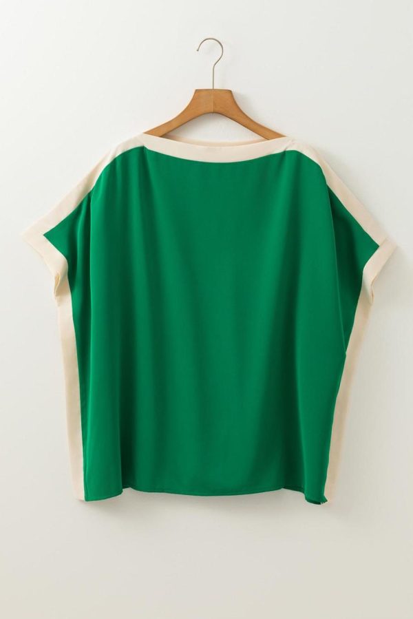Women Blouses | Green Colorblock Batwing Sleeve Boat Neck Blouse - Image 6