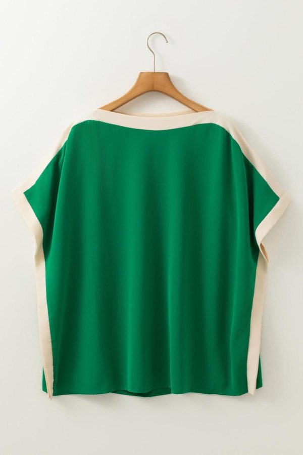 Women Blouses | Green Colorblock Batwing Sleeve Boat Neck Blouse - Image 7