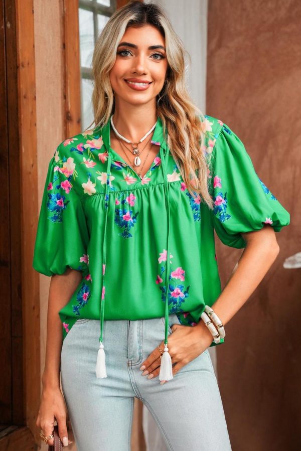 Women Blouses | Green Floral Detail Tie Split Neck Puff Sleeve Blouse - Image 3