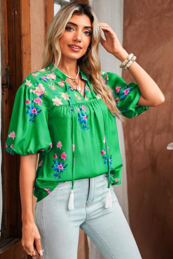 Women Blouses | Green Floral Detail Tie Split Neck Puff Sleeve Blouse - Image 4