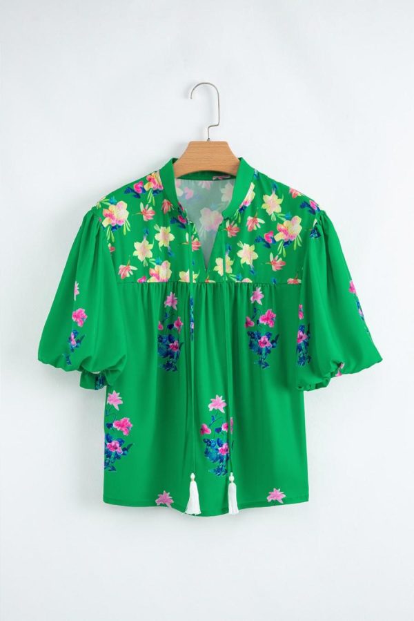 Women Blouses | Green Floral Detail Tie Split Neck Puff Sleeve Blouse - Image 5