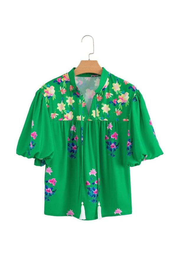 Women Blouses | Green Floral Detail Tie Split Neck Puff Sleeve Blouse - Image 6