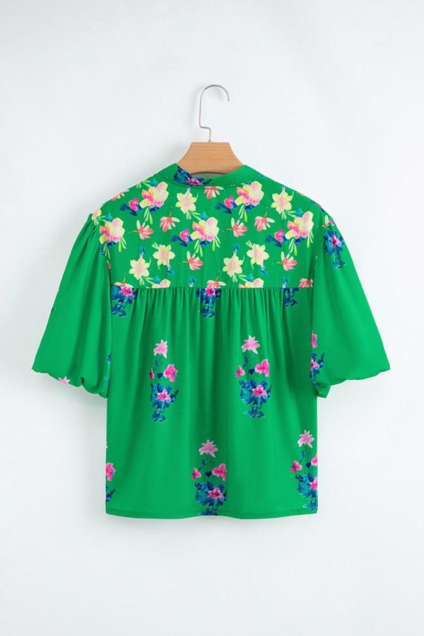 Women Blouses | Green Floral Detail Tie Split Neck Puff Sleeve Blouse - Image 7