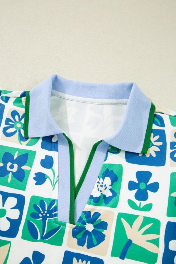 Women Blouses | Green Floral Plaid Colorblock Flutter Sleeve Blouse - Image 2