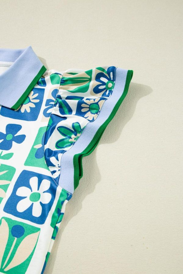 Women Blouses | Green Floral Plaid Colorblock Flutter Sleeve Blouse - Image 3