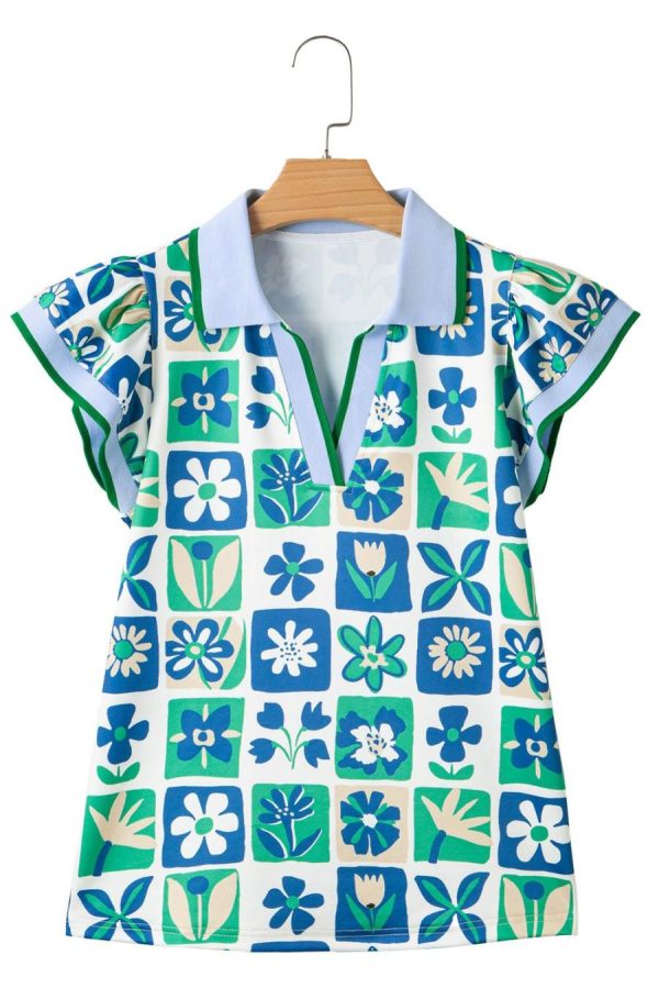 Women Blouses | Green Floral Plaid Colorblock Flutter Sleeve Blouse - Image 7