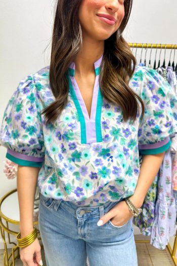 Women Blouses | Green Floral Print Pop Of Color V Neck Puff Short Sleeve Blouse