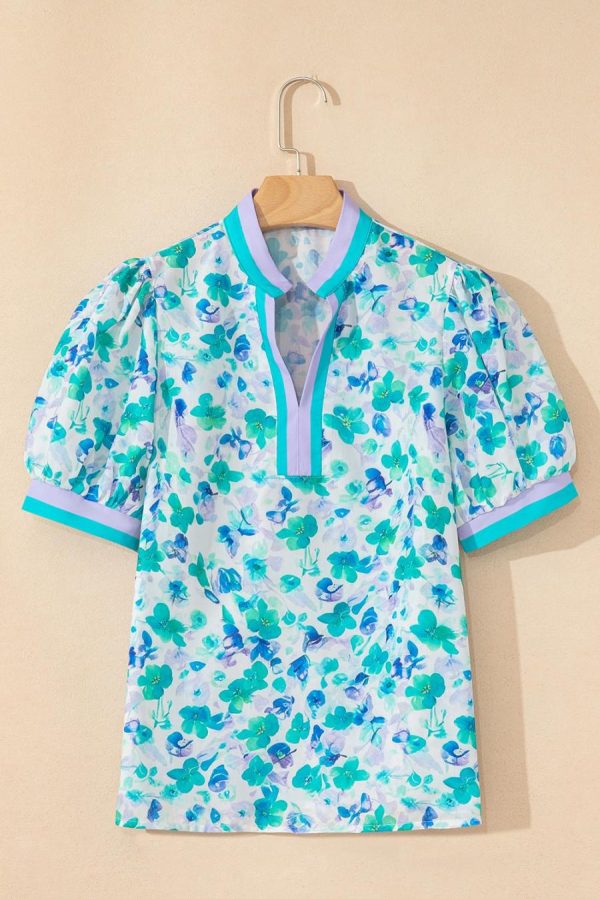 Women Blouses | Green Floral Print Pop Of Color V Neck Puff Short Sleeve Blouse - Image 2