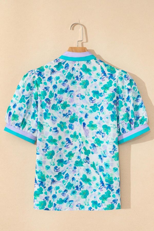 Women Blouses | Green Floral Print Pop Of Color V Neck Puff Short Sleeve Blouse - Image 3