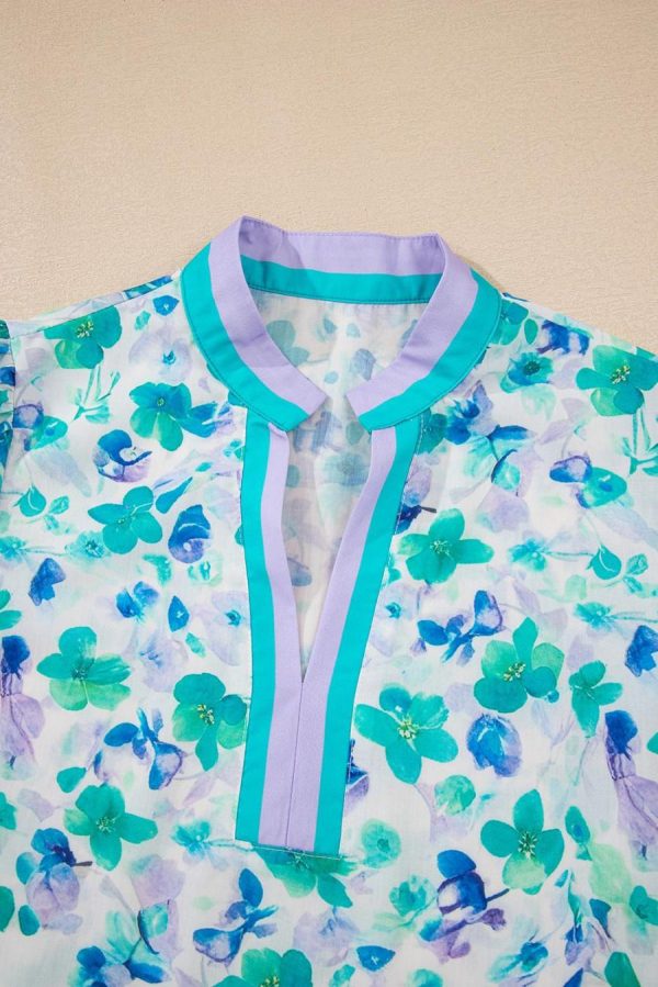 Women Blouses | Green Floral Print Pop Of Color V Neck Puff Short Sleeve Blouse - Image 4