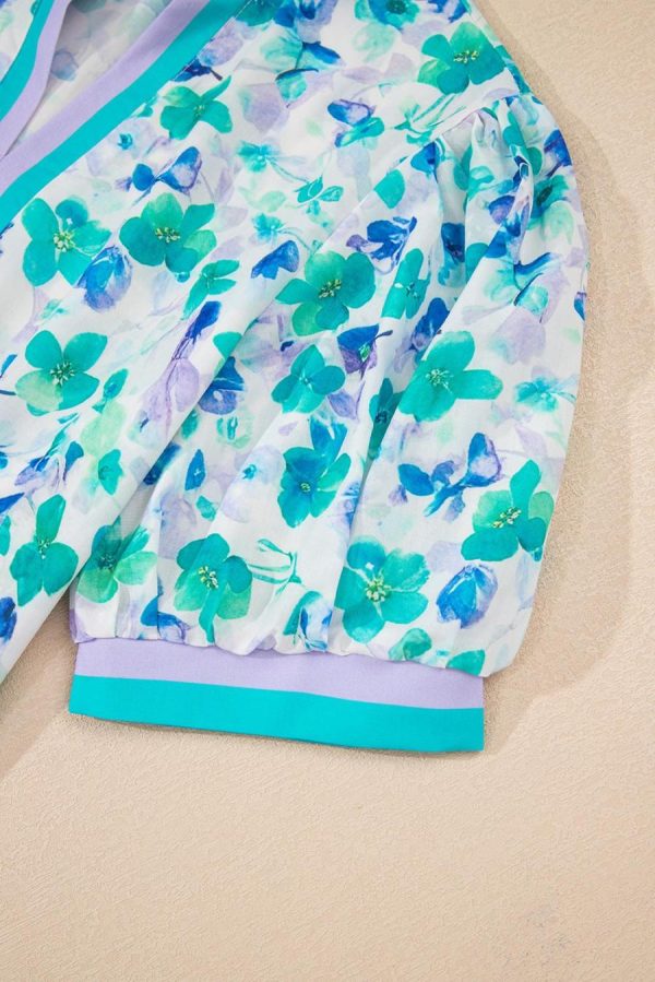 Women Blouses | Green Floral Print Pop Of Color V Neck Puff Short Sleeve Blouse - Image 6