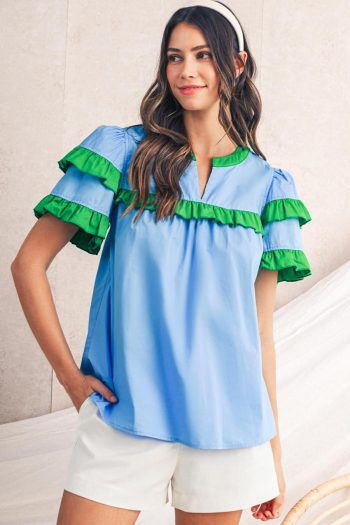 Women Blouses | Mist Blue Ruffle Trim V-Neck Puff Sleeve Blouse