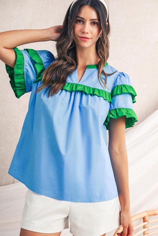 Women Blouses | Mist Blue Ruffle Trim V-Neck Puff Sleeve Blouse - Image 2