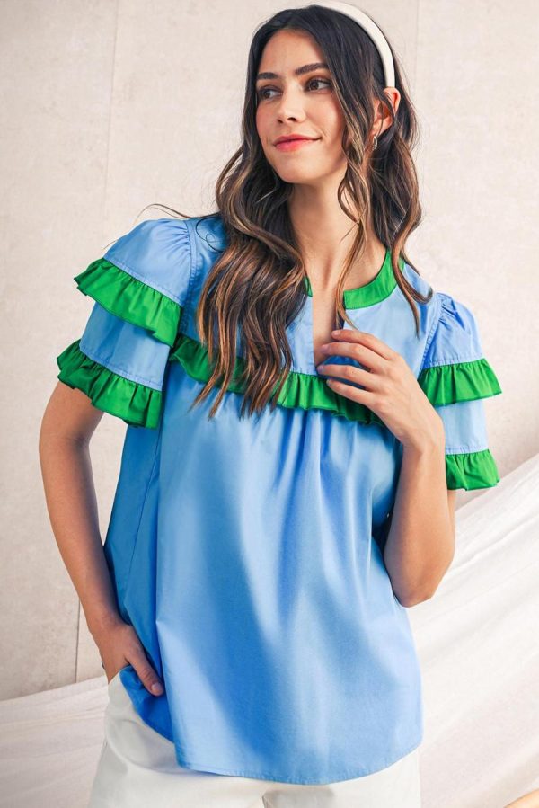 Women Blouses | Mist Blue Ruffle Trim V-Neck Puff Sleeve Blouse - Image 3