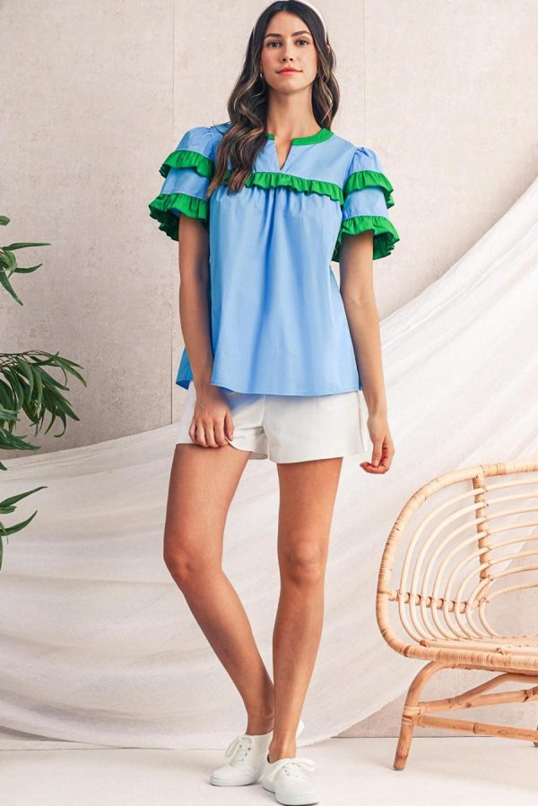 Women Blouses | Mist Blue Ruffle Trim V-Neck Puff Sleeve Blouse - Image 4