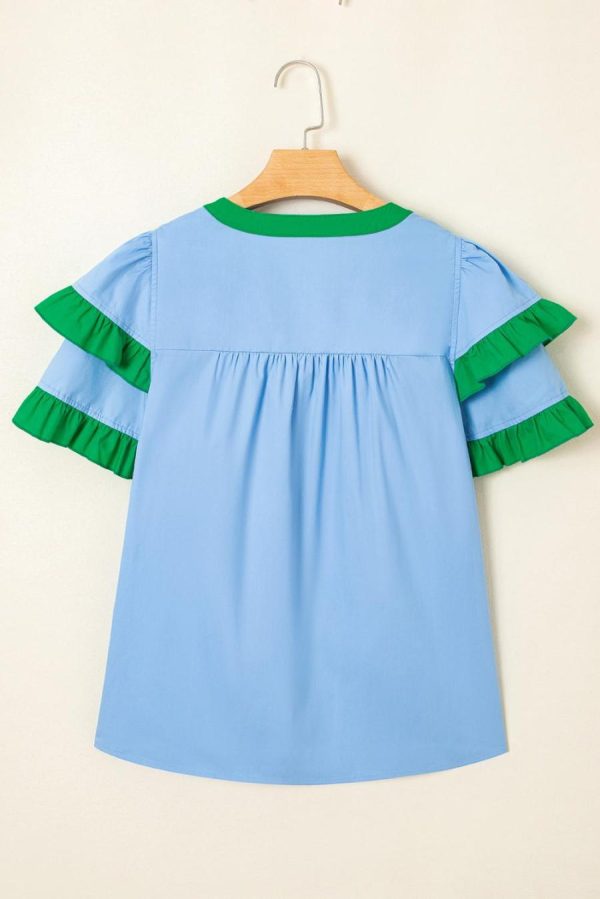 Women Blouses | Mist Blue Ruffle Trim V-Neck Puff Sleeve Blouse - Image 7