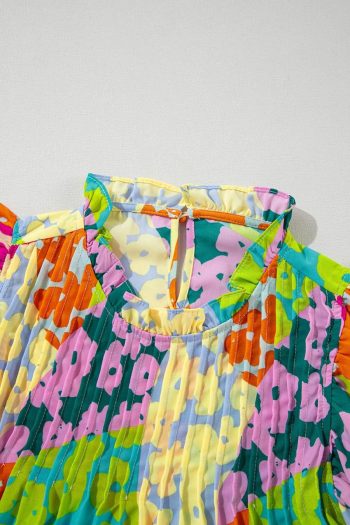 Women Blouses | Multicolor Abstract Print Layered Ruffle Sleeve Pleated Blouse