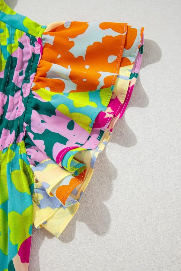 Women Blouses | Multicolor Abstract Print Layered Ruffle Sleeve Pleated Blouse - Image 3