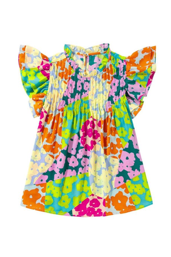Women Blouses | Multicolor Abstract Print Layered Ruffle Sleeve Pleated Blouse - Image 6