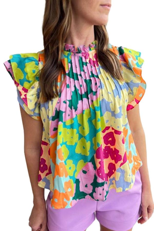 Women Blouses | Multicolor Abstract Print Layered Ruffle Sleeve Pleated Blouse - Image 7