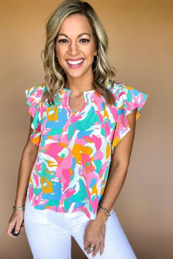 Women Blouses | Multicolour Abstract Print Smocked Notched Neck Ruffle Blouse