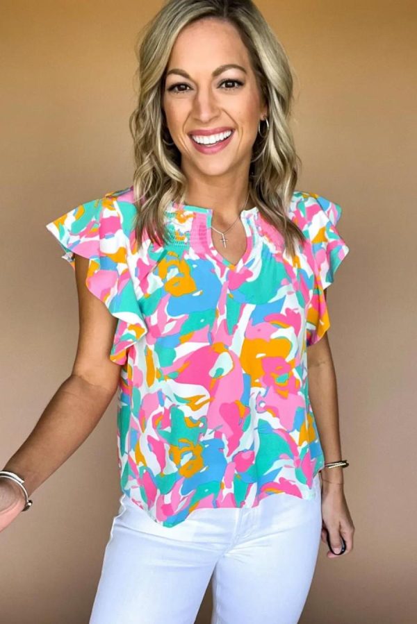 Women Blouses | Multicolour Abstract Print Smocked Notched Neck Ruffle Blouse - Image 2