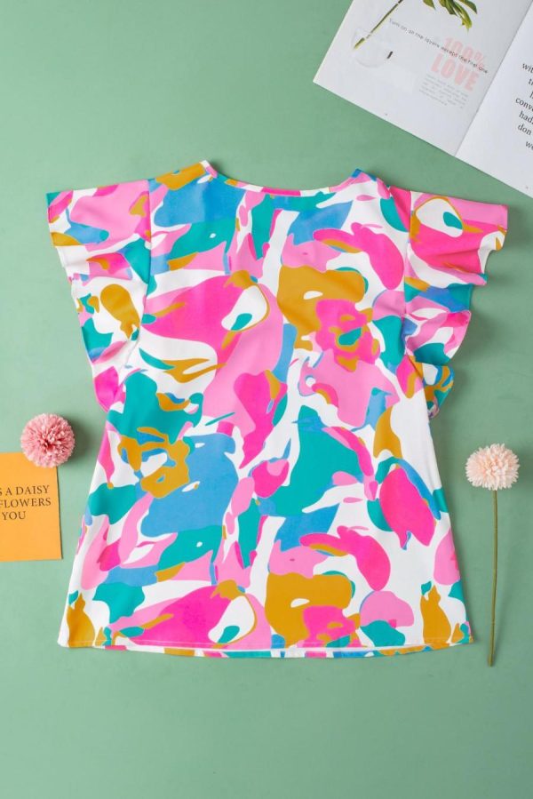 Women Blouses | Multicolour Abstract Print Smocked Notched Neck Ruffle Blouse - Image 3